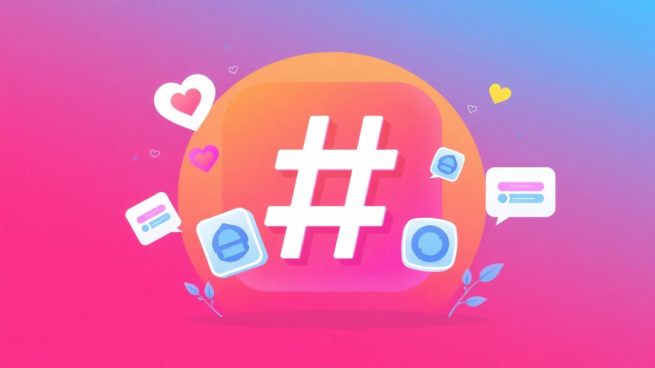 Instagram hashtag strategy graphic showing hearts, comments and hashtag icons for free follower growth